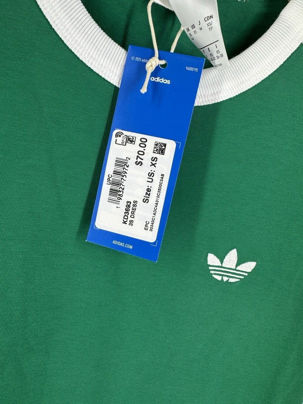 Adidas Originals NWT Green 3-Stripes Midi Dress Casuals Cotton Stretch Logo XS - Picture 4 of 6